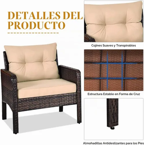 Vista 3 de ORALNER Juego de 3 piezas para conversación de patio, sofá de mimbre para todo tipo de clima y mesa auxiliar con cojines gruesos, muebles de Marrón