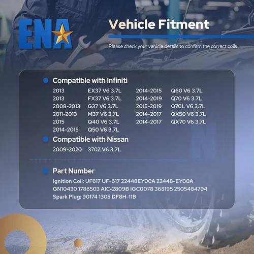 Vista 7 de ENA Juego de 6 bobinas de encendido y bujías iridio platino 3.7 5.6 compatibles con Infiniti Nissan 370Z FX37 G37 M37 Q40 Q50 Q60 Q70 QX70 3.7L 5.6L