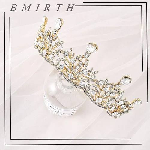 Vista 6 de Bmirth Corona de cristal barroca para boda, tiaras de novia doradas, tocados, joyería de pelo nupcial reina para mujeres y niñas.