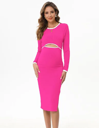 Vista 3 de FUNJULY Vestido de maternidad de manga larga para mujer, estilo casual, cuello redondo, recortado, de punto acanalado, ajustado, vestido de tubo