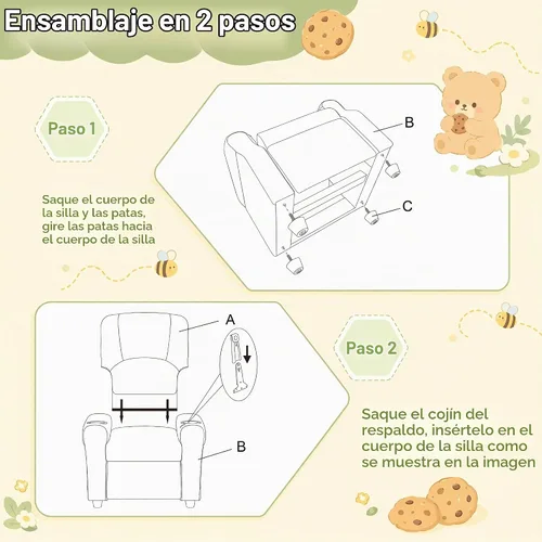 Vista 11 de Silla reclinable de piel sintética para niños, sofá reclinable para niños Beige
