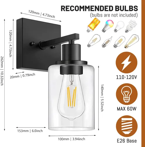 Vista 4 de Juego de 2 apliques de pared, juego de luces de baño negro mate, juego de luces de pared de granja, luces de tocador con pantalla de vidrio