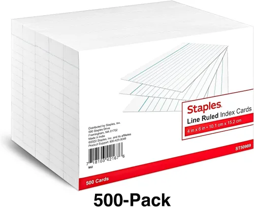 Vista 2 de Staples Tarjetas de índice, 4 x 6 pulgadas, forradas, blancas, paquete de 500 tarjetas a rayas para estudiar, recetas y notas de oficina Ruled