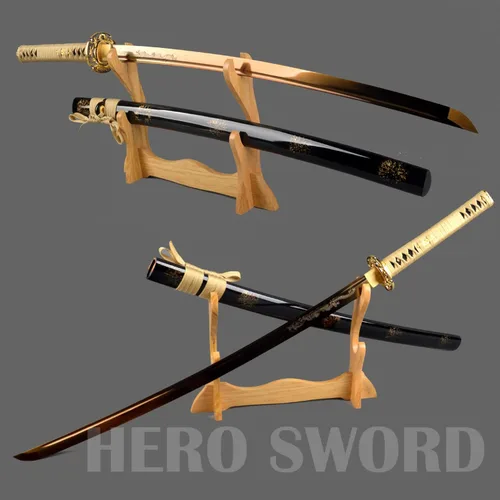 Vista 6 de Espada samurái japonesa hecha a mano con hoja de oro, grabado a mano, Katana de dragón dorado, espiga completa, afilada, puede cortar árboles