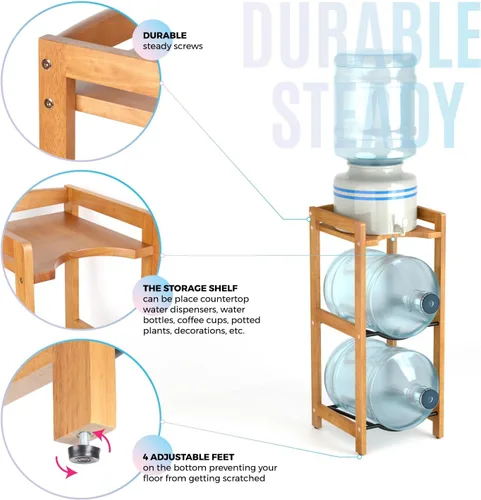 Vista 3 de Soporte para jarra de agua de 5 galones con estantes superiores, soporte dispensador de agua de madera maciza natural de 31 pulgadas de alto