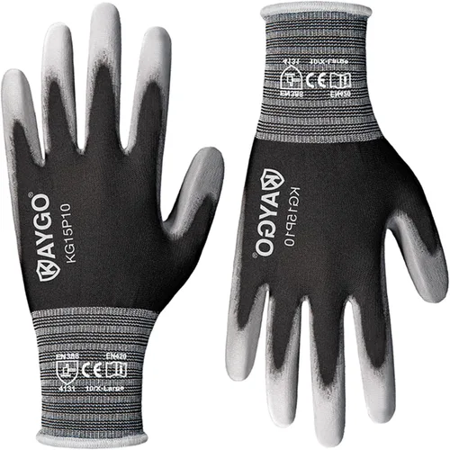 Vista 13 de KAYGO Guantes de trabajo con revestimiento de poliuretano 12 pares, KG15P, forro de nailon con revestimiento de poliuretano flexible, guantes