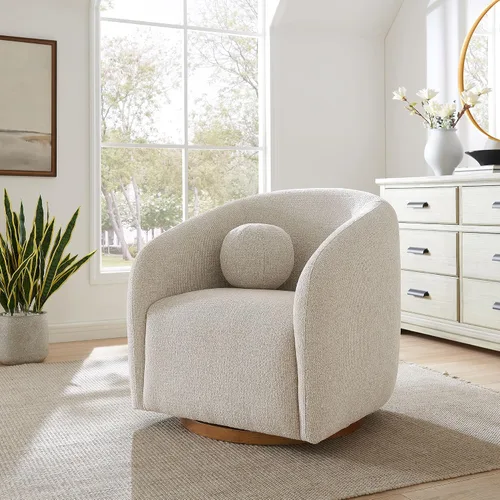 Vista 11 de Modway Holland - Sillón giratorio curvado en color gris pardo – Silla de barril de tela de chenilla con almohada de bola y base de madera – Silla