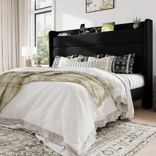 Vista 15 de Allewie Estructura de Cama Tapizada Tamaño Full con Estación de Carga y Cabecera con Almacenamiento, Cama Plataforma de Terciopelo Suave
