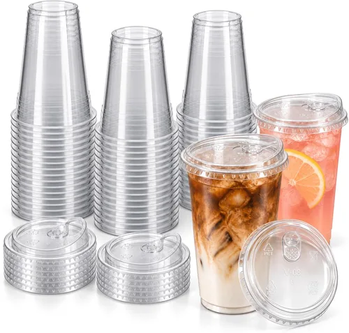 Vista 6 de Oojami Paquete de 100 vasos de plástico transparente de 16 onzas con tapas