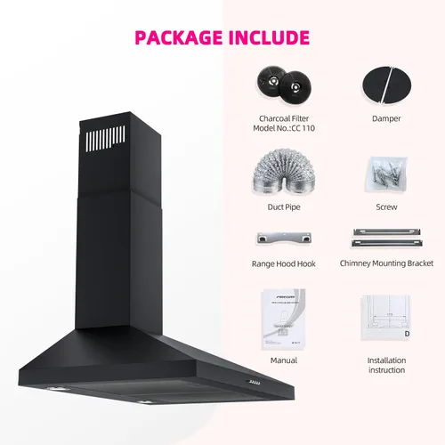 Vista 9 de FIREGAS Campana extractora negra de 30 pulgadas, campana de cocina de montaje en pared convertible con conductos/sin conductos, 450 CFM, extractor