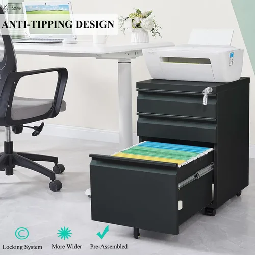 Vista 6 de Archivadores móviles de 3 cajones de metal con ruedas para archivos legales y de cartas, diseño anti-inclinación con cerradura debajo