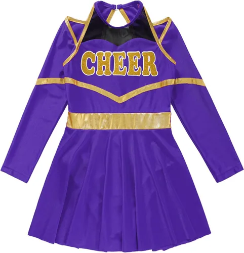 Vista 5 de Disfraz de uniforme de animadora para niñas, vestido de manga larga con pompones, vestido de 2 piezas para cosplay