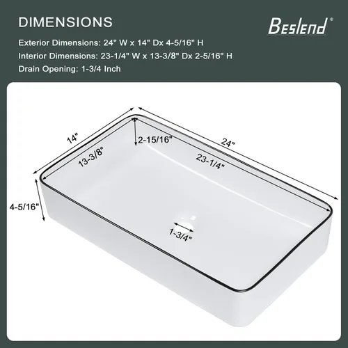 Vista 60 de Fregadero de baño de recipiente, semiempotrado, blanco y negro, 19 x 12 pulgadas, sobre encimera, fregaderos de cerámica rectangulares, encimera