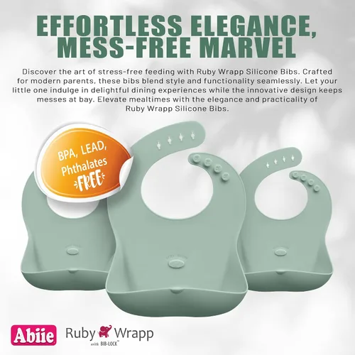 Vista 2 de Abiie Ruby Wrapp - Baberos de silicona para bebés, babero impermeable hecho con material resistente a las manchas, bolsillo frontal para atrapar