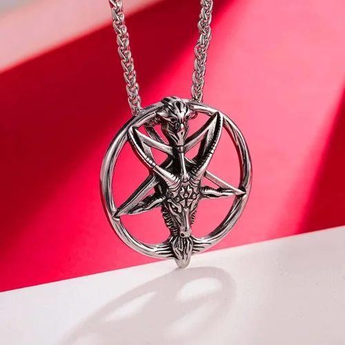 Vista 5 de BTNBTGB Collar del templo satánico con cabeza de cabra, pentagrama invertido, pentáculo de acero inoxidable, collar de baphomet con dije, cadena