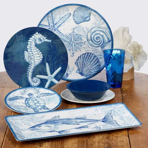 Vista 6 de Certified International Oceanic - Juego de vajilla de melamina de 12 piezas, servicio para 4, multicolor y oceánico, juego de servicio de melamina