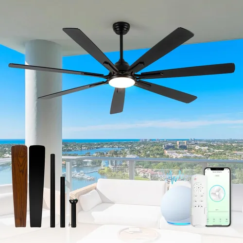 Vista 11 de Ventilador de techo con aspas de aluminio de 60 pulgadas con luz, ventilador inteligente industrial que funciona con Alexa, ventiladores de techo
