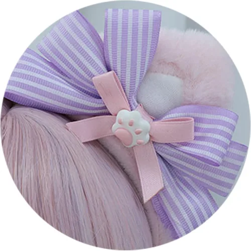 Vista 6 de Faylay Diadema de orejas de gato peludas para mujer, con lazo, decoración de perlas