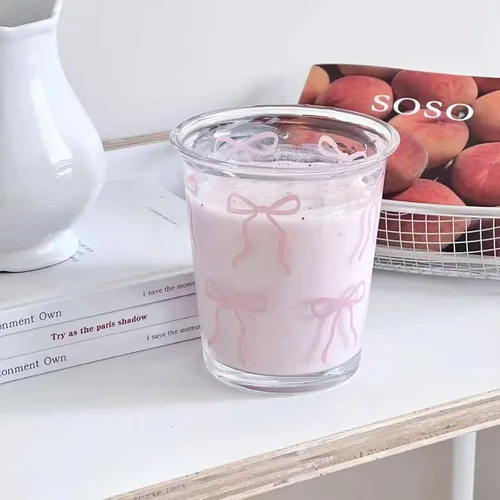 Vista 6 de Vasos de vidrio con lazo rosa, 14 onzas, bonitos vasos de vidrio con lazo estético para café helado, matcha, leche, jugo, cóctel, San