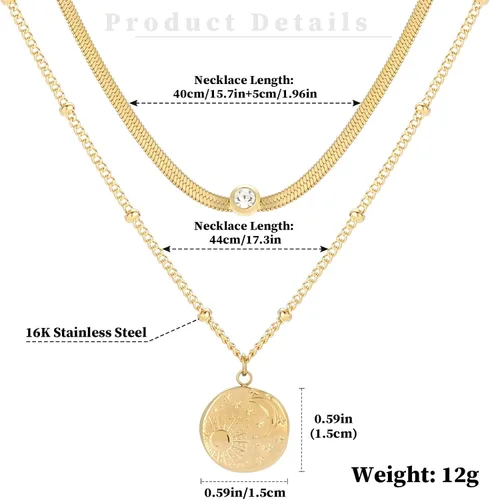 Vista 2 de Secroma Collares de oro en capas para mujer, collar de medallón de moneda de 16 quilates, gargantilla de cadena de serpiente, collar de acero