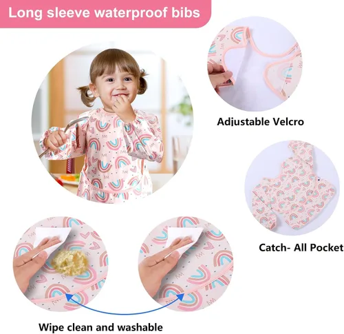 Vista 2 de SPINFOX Paquete de 2 batas de bebé para comer, babero a prueba de desorden, baberos impermeables para bebés de 6 a 24 meses