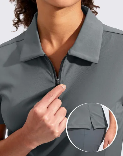 Vista 5 de Viodia Camisa de golf para mujer, manga corta, con cremallera, de secado rápido, elástica, con cuello de tenis, ropa de golf