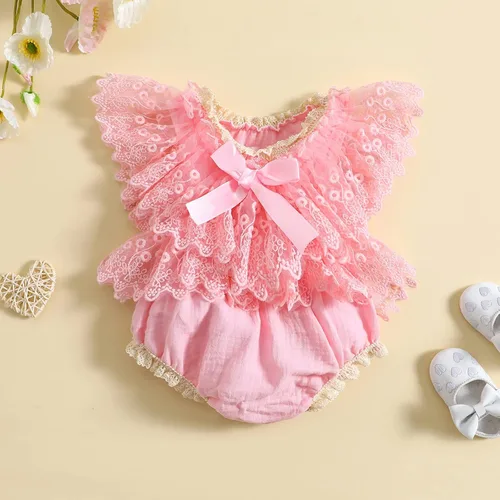 Vista 2 de Mameluco de burbujas para bebé niña con encaje y tutú con mangas con volantes, traje de verano