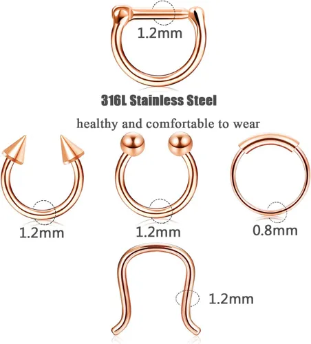Vista 3 de Udalyn 18 piezas de acero inoxidable para septum, piercing para la nariz, cartílago, circonita cúbica, piercing corporal