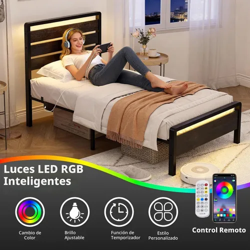 Vista 3 de VINGLI Base de cama de plataforma individual con cabecero y estribo LED, estación de carga USB, cama de panel de metal con espacio de almacenamiento