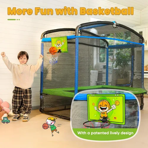 Vista 2 de Zupapa Cama elástica 5 en 1 rectangular para niños de 6 pies con silla hamaca, aro de baloncesto y red de seguridad - Cama elástica cuadrada