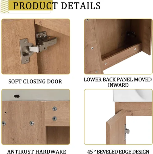 Vista 7 de 24" Modern Wall Mount Bathroom Vanity with Ceramic Sink & Soft Closing Door, Space-Saving Floating Cabinet, Durable Waterproof Plywood, Easy-Clean