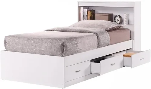Vista 5 de Pemberly Row Cama de almacenamiento tamaño individual con cabecera de estantería, madera duradera, acabado blanco, 3 cajones, deslizadores