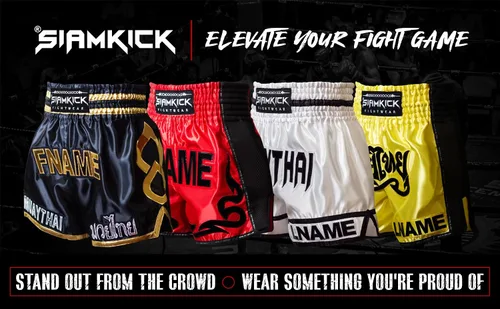 Vista 7 de SIAMKICK Pantalones cortos de Muay Thai personalizados para hombres y mujeres, con nombre personalizado, boxeo, kickboxing, trajes de lucha retro