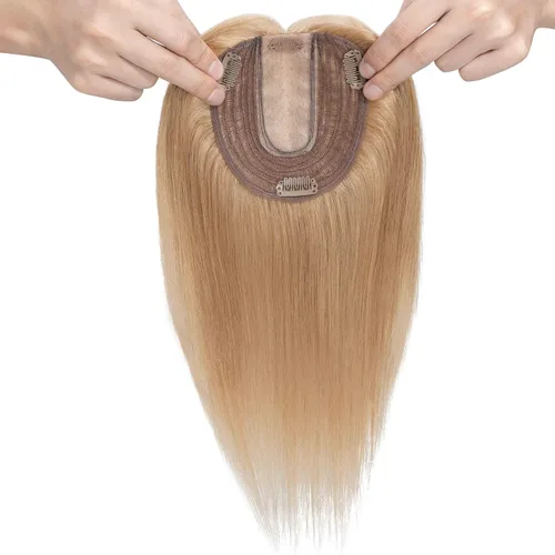 Vista 6 de S-noilite Toppers para el cabello para mujer, sin flequillo, #27 rubio oscuro con clip, piezas de cabello para mujeres con cabello delgado, base