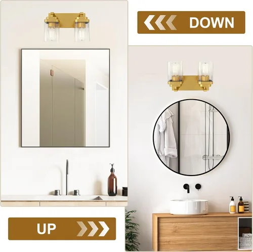 Vista 5 de Lámparas de baño de oro cepillado, 6 luces de baño sobre el espejo, diseño cuadrado y placa trasera grande rectangular, accesorios de iluminación