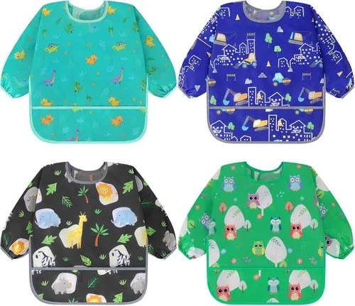 Vista 8 de Accmor 4 Pack Long Sleeve Bibs, Baby Smock Waterproof Full Sleeved Bib for Baby Toddler 6-36 Months