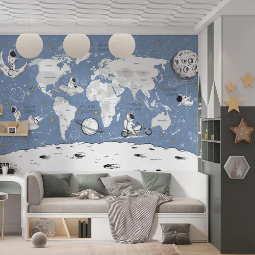 Vista 8 de Papel tapiz para habitación de niños, espacio de astronauta, mural de mapa gigante del mundo con países, papel tapiz para guardería, despegar