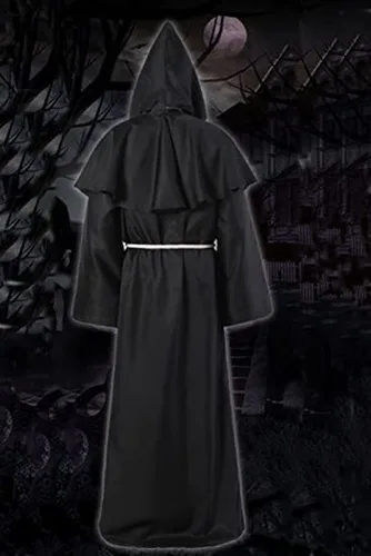 Vista 2 de Medieval Monk Robe Costume with Hood Priest Robe Outfit Medieval Cloak Tunic Halloween Cosplay