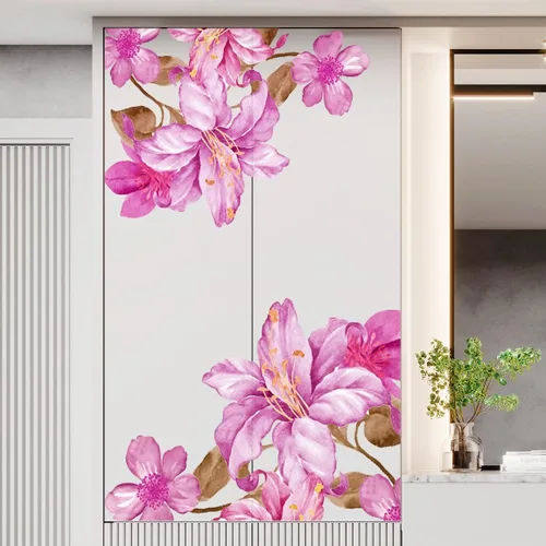 Vista 5 de Calcomanías de pared de flores rosas gigantes, calcomanías de pared florales de lirio, bricolaje, extraíble, flor de durazno, hojas marrones