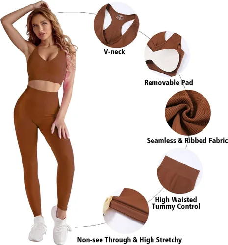 Vista 5 de DYD Conjuntos de entrenamiento para mujer, 2 piezas, sin costuras, espalda cruzada, brasier deportivo, cintura alta, yoga, gimnasio, leggings