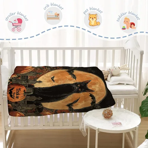Vista 4 de YeeJu Manta de Halloween con diseño de calabaza y gato negro, manta de bebé pequeña para regazo, bebé, bebé, cuna, carriola, acogedora, suave