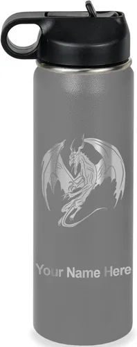 Vista 19 de LaserGram Botella de agua con tapa abatible de doble pared de 12 onzas con pajilla, dragón, grabado personalizado incluido (negro)