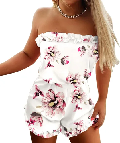 Vista 6 de SNKSDGM Overol casual de verano 2023 para mujer, con volantes, hombros descubiertos, cintura elástica, pantalones cortos, overoles con bolsillos