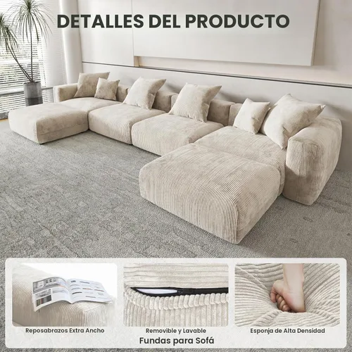 Vista 6 de Sofá seccional modular en forma de nube, sofá en L con otomano, sofá cama de 260 cm de tamaño grande, sofás cama de corduroy para sala de estar Beige