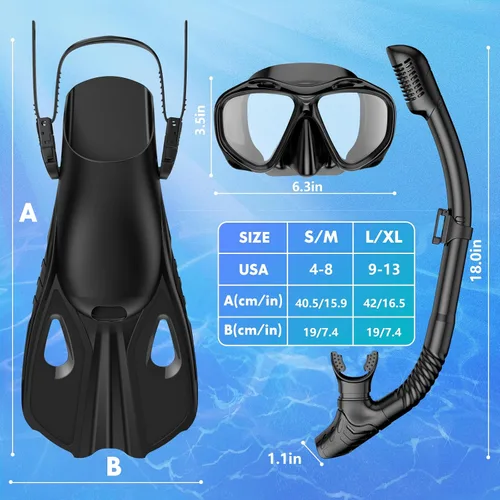 Vista 6 de Mask Fin Snorkel Set, Travel Size Snorkeling Gear for Adults with Panoramic View Anti-Fog Mask, Fins, Dry Top Snorkel for Swimming Training
