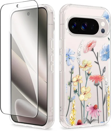 Vista 30 de GVIEWIN Funda para Google Pixel 10a con protector de pantalla, protección contra caídas de grado militar, no amarillenta, transparente, floral