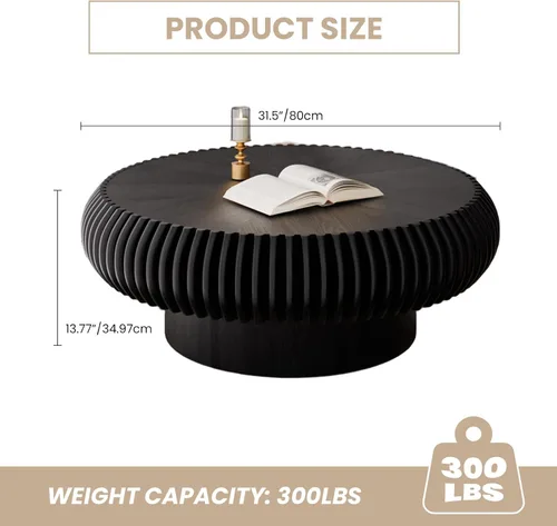 Vista 2 de Mesa de centro redonda de tambor estriado para sala de estar, mesas de centro modernas de mediados de siglo con pedestal resistente, mesa de té negro