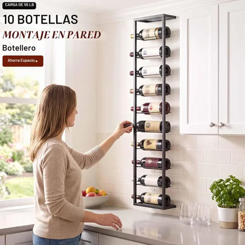 Vista 2 de Soporte para botellas de vino montado en la pared, estante para 10 botellas