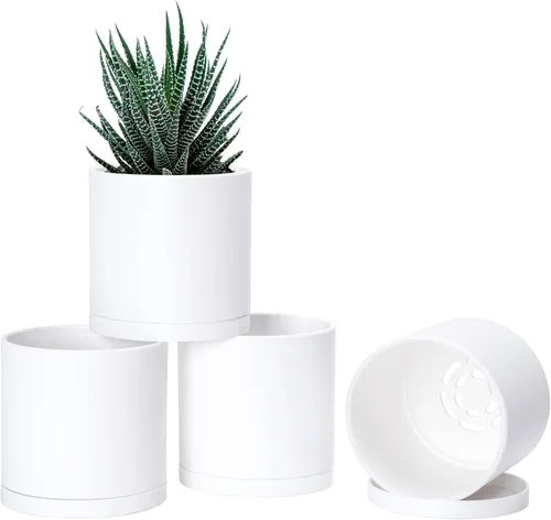 Vista 15 de D'vine Dev - Paquete de 2 macetas de plástico modernas de 4 pulgadas, pequeñas macetas de jardín para plantas con orificios de drenaje y platillos