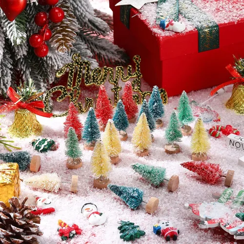 Vista 4 de Mini árboles de Navidad artificiales, cepillo para botellas, árboles helados de nieve con base de madera, árboles de mesa de plástico, adornos